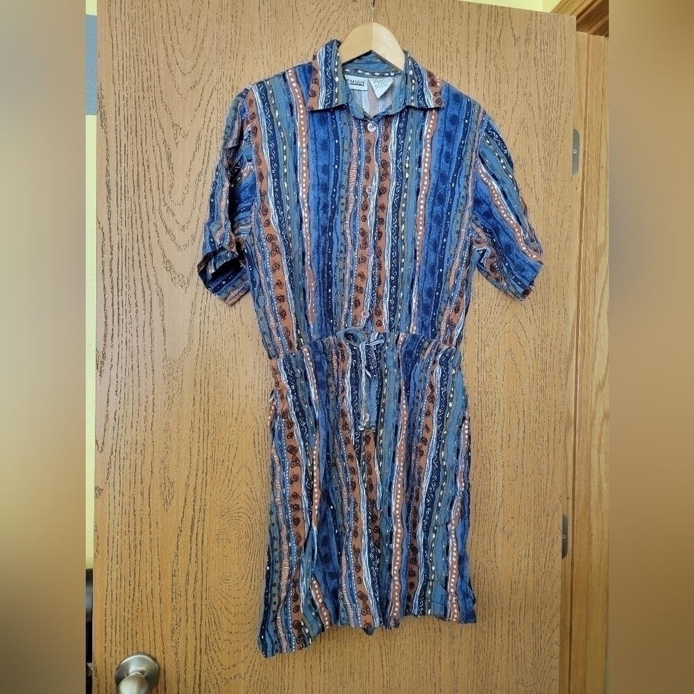 Capacity VTG blue, brown, & green patterned jumpsuit w shoulder pads & pockets M